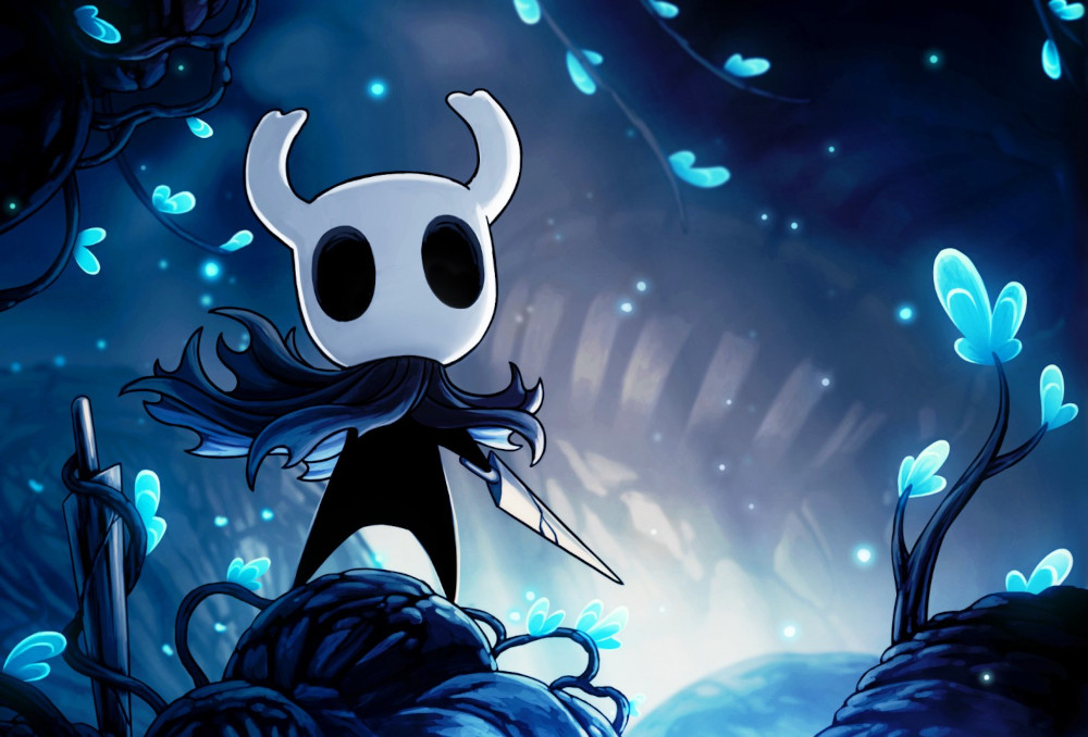Official artwork of Hollow Knight, showing the main character, a humanoid shadow wearing a horned helmet and holding a small sword, standing in a dark cave.