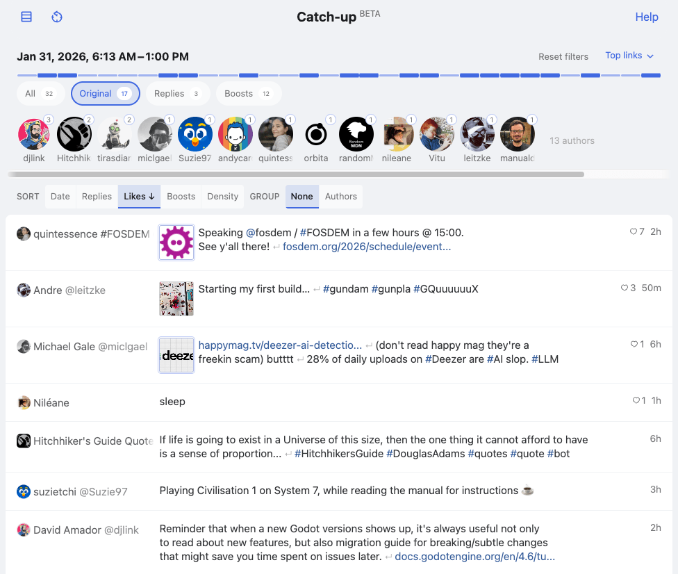 Screenshot of Phanpy showing a list of posts on the bottom, with a bunch of filters on top, like type of post, author, and sorting by date, likes, boosts.